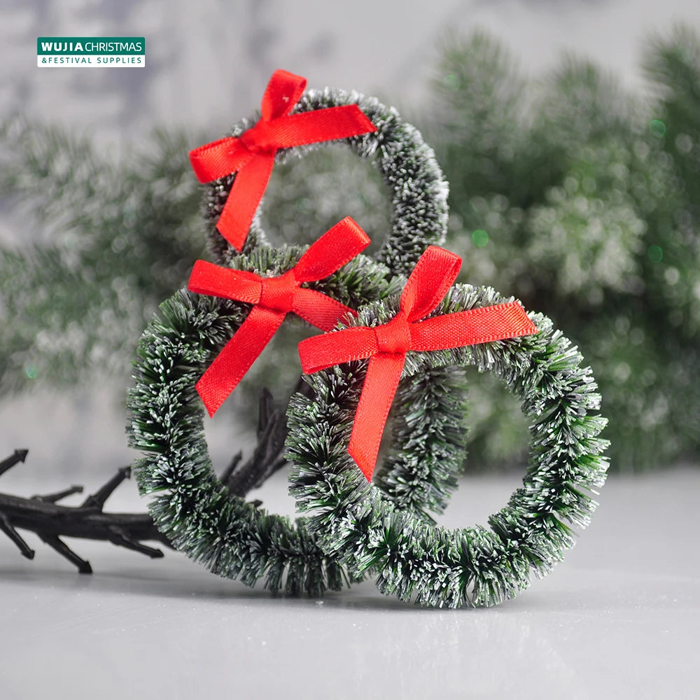 12pcs Christmas Wreath with Bow Xmas Tree Decor Mini Door Garland Hanging Ornaments DIY Dollhouse Pendant for Wedding Noel Party