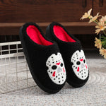 A Pair of Black Halloween Horror Mask Skull Pattern Embroider Plush Home Thick-Soled Comfortable Fur Slippers Personalized Warm Non-Slip Indoor Slippers Autumn and Winter Gifts for Men and Women Can Wear