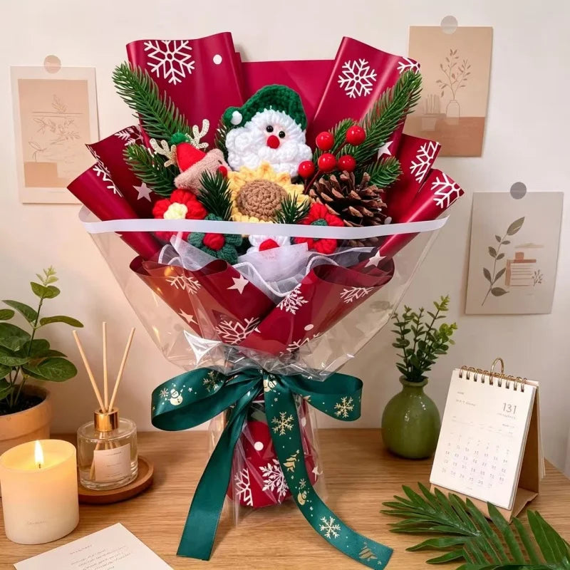 Santa Claus Plush Doll With Crochet Flowers Creative Christmas Day Handmade Bouquets Home Table Decora Pefect Gifts For Friends