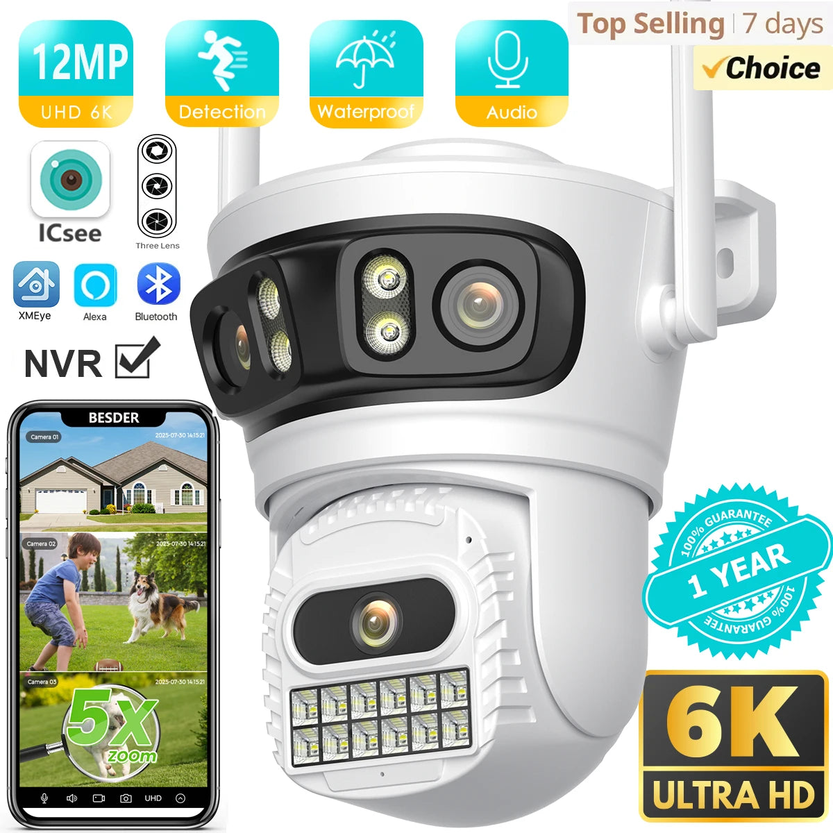 BESDER 6K 12MP HD Three Screen WIFI IP Camera Outdoor Three Lens Ai Human Detection Waterproof CCTV Video Security Camera iCsee
