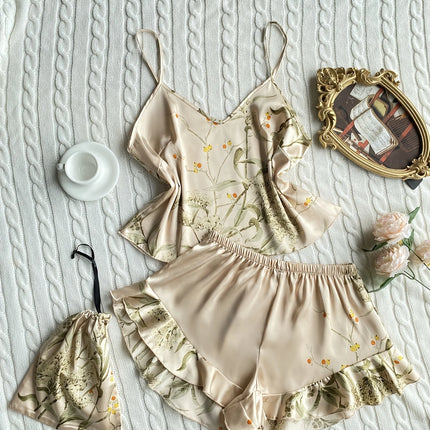 Elegant Floral Print Cami Tops   Ruffle Hem Shorts Pajama Set  Women's Sleepwear   Loungewear