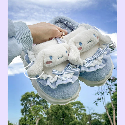 Sanrio Kawaii Cinnamoroll Womens Slippers Kuromi Hello Kitty Plush Cartoon Cute Sweet Suitable Indoor Outdoor Winter Shoes
