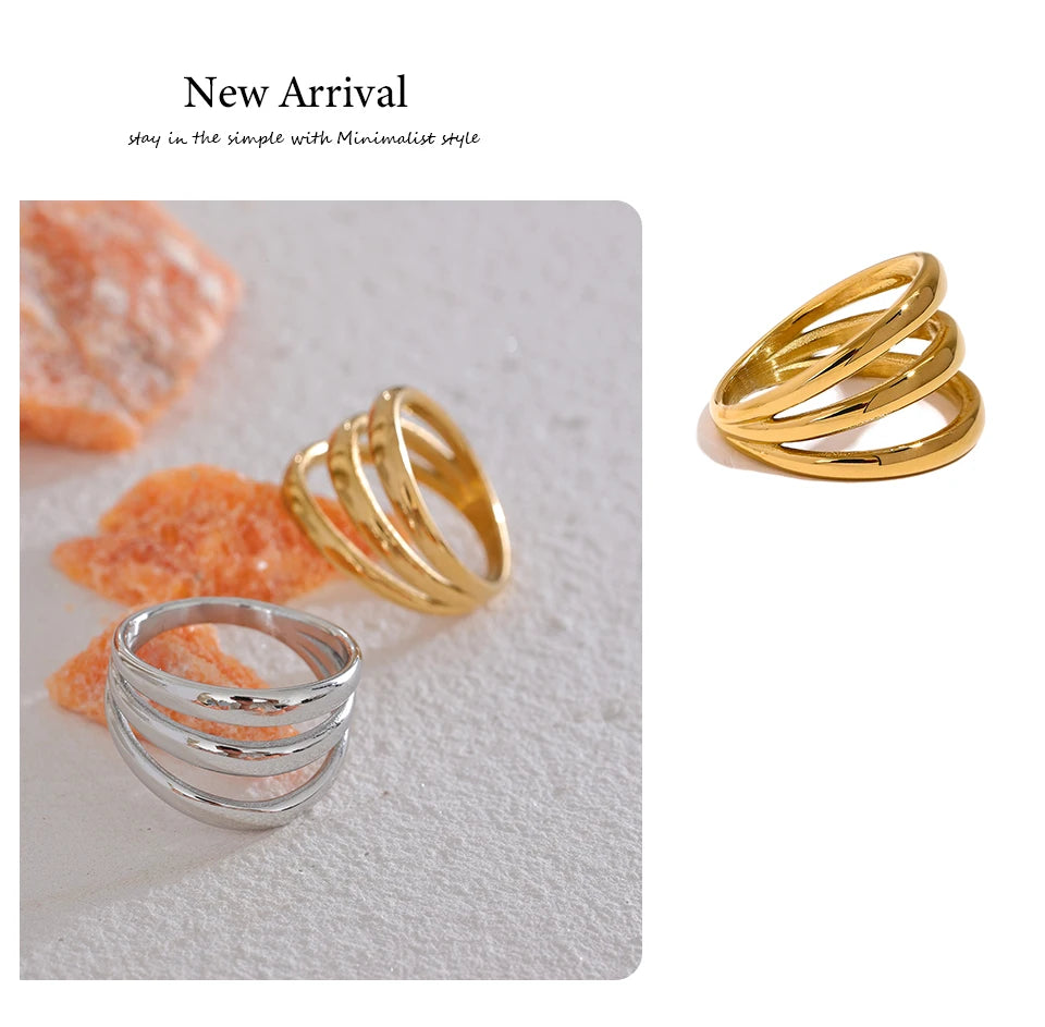 Yhpup Stainless Steel Geometric Hollow Layered Wide Ring Metal Texture Waterproof Daily Simple Stylish Golden Jewelry for Women