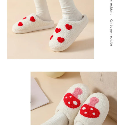 House Slippers for Women, Cute Big Small Heart, Fluffy Cozy Home Comfy Shoes for Ladies, Indoor Slippers for Winter, Mushroom