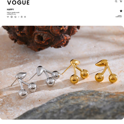 Yhpup 316L Stainless Steel Metal Chic Cherry Golden Stud Earrings Water Resistant Charm Fashion Jewelry 18K PVD Plated Wholesale