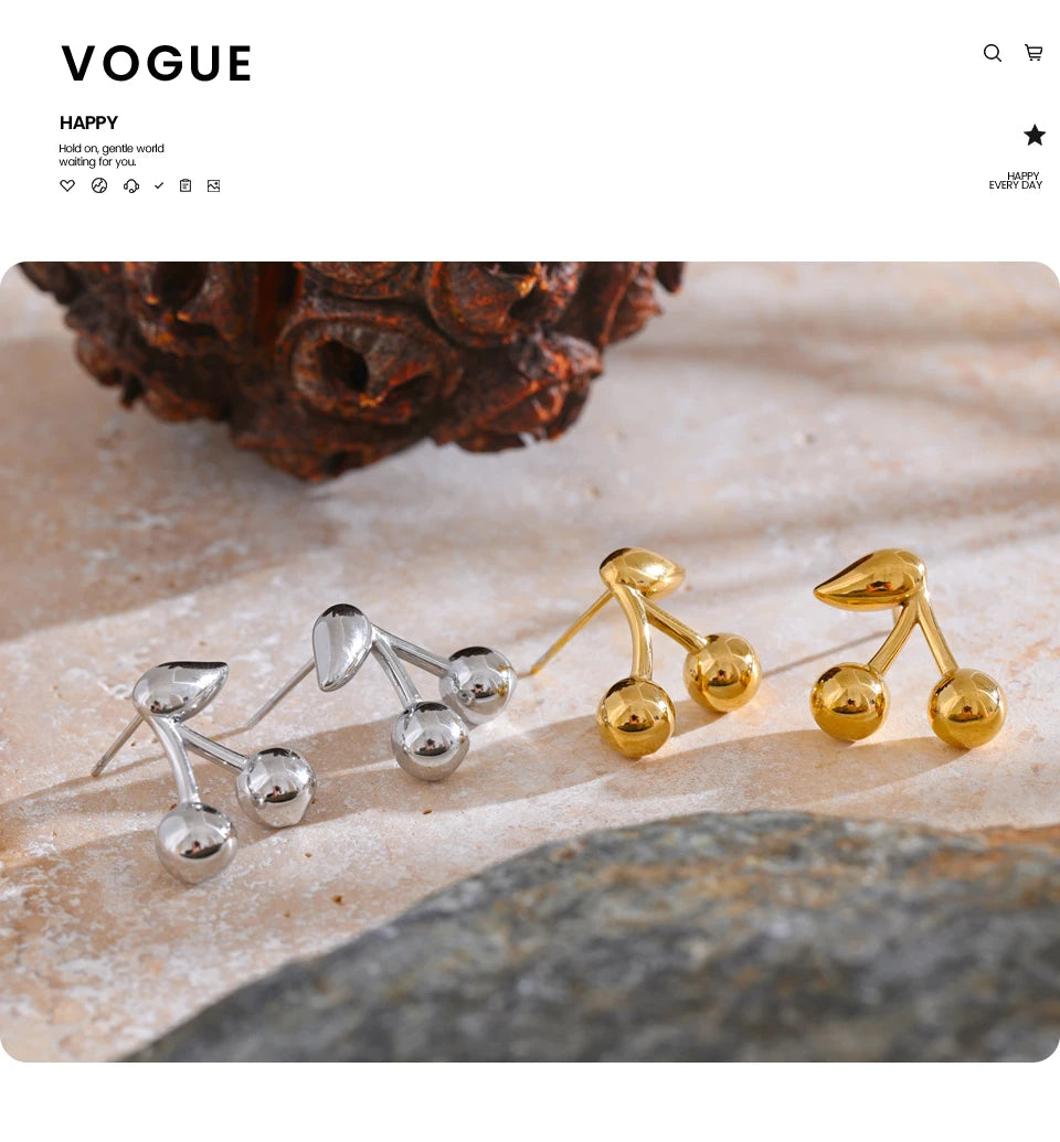 Yhpup 316L Stainless Steel Metal Chic Cherry Golden Stud Earrings Water Resistant Charm Fashion Jewelry 18K PVD Plated Wholesale