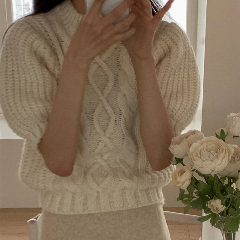 summer autumn Women's Knitted Pullover Fashion puff Sleeve solid Sweater crop Top Elegant loose Lapel Knitted Pullover gray Tops