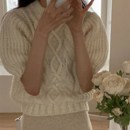 summer autumn Women's Knitted Pullover Fashion puff Sleeve solid Sweater crop Top Elegant loose Lapel Knitted Pullover gray Tops