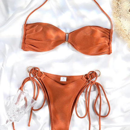 Solid Color Bikinis Push Up Swimwear Women Halter Bikini Set Shiny Swimsuit Push Up Bathing Suits Bandage Beachwear Thong