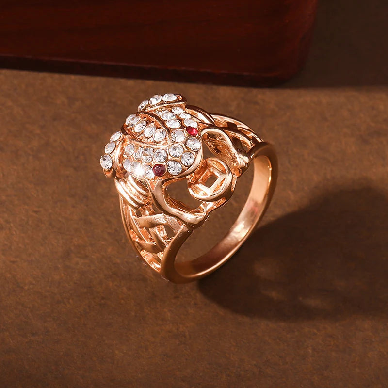 1pcs Golden Toad Ring for Wealth, Full Diamond for Good Luck, Fashion Finger Ring
