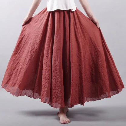 Women's Elegant High Waist Linen Maxi Skirt 2023 Summer Ladies Casual Elastic Waist 2 Layers Skirts saia feminina 20 Colors SK53