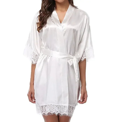 Womens V-Neck Ice Silk Sexy Lace Bathrobe Pajamas Large Size Female Soft and Comfortable Solid Color Sleepwear Bathrobe Pajamas
