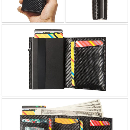 Men Smart Wallet Credit Card Holder for AirTag Carbon Fiber Aluminum Automatic Pop Out Cardholder Case with Money Clip