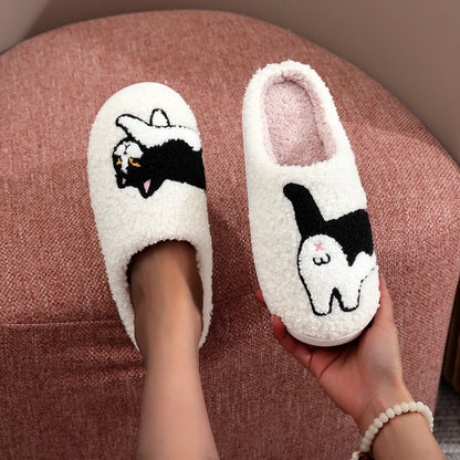 Cow Cat Pet Pattern Embroidery stuffed Home Platform Cozy Wool Cotton Slippers Cute Warm Non-slip Indoor Slippers Pet Mom Gift Catman Men Women Can Wear