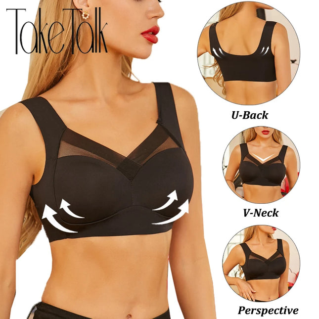 Women Sexy Bra Full Cup Brassiere Female U Back Underwear Lace Splicing Pespective Bralette V Neck Intimates Lingerie Large Size