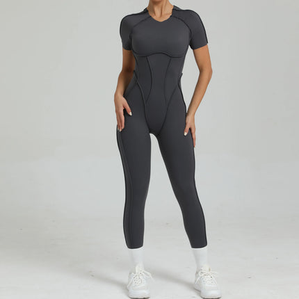 Women's One-Piece Suit Zipper Short Sleeve Gym Push Up Workout Clothes Fitness Short Bodysuit Sportswear Jumpsuits