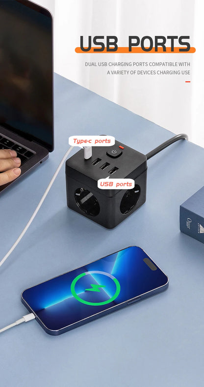7-in-1 EU Power Strip, Power Strip Surge Protector, 3 AC Outlets 3 USB 1 Type-C, Desktop Charging Station With Overload Protecti