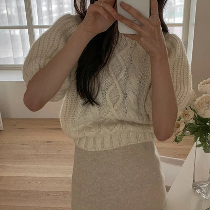 summer autumn Women's Knitted Pullover Fashion puff Sleeve solid Sweater crop Top Elegant loose Lapel Knitted Pullover gray Tops
