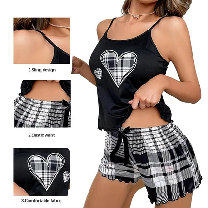 Women's new pajama suspender solid color top plaid shorts two-piece set of home wear
