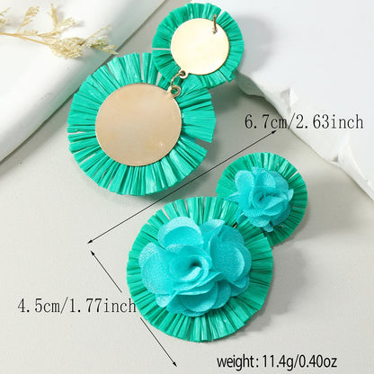 2PCS Lafite Flower Earrings Earrings, Small and Exaggerated Vacation Style Earrings, Bohemian Round Flowers, Fashionable and Ele