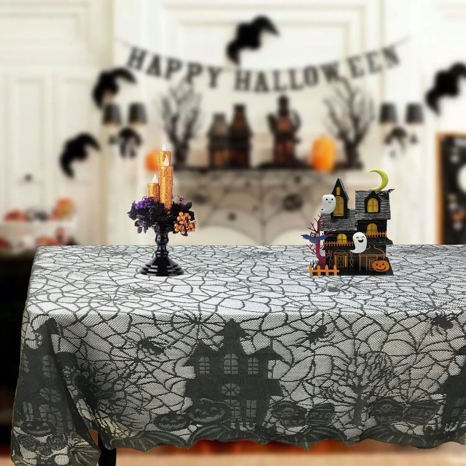 Halloween Lace Table Runner Black Spider Web Tablecloth Fireplace Cover Mantel Halloween Decoration 2024 Home Party Cloth Cover