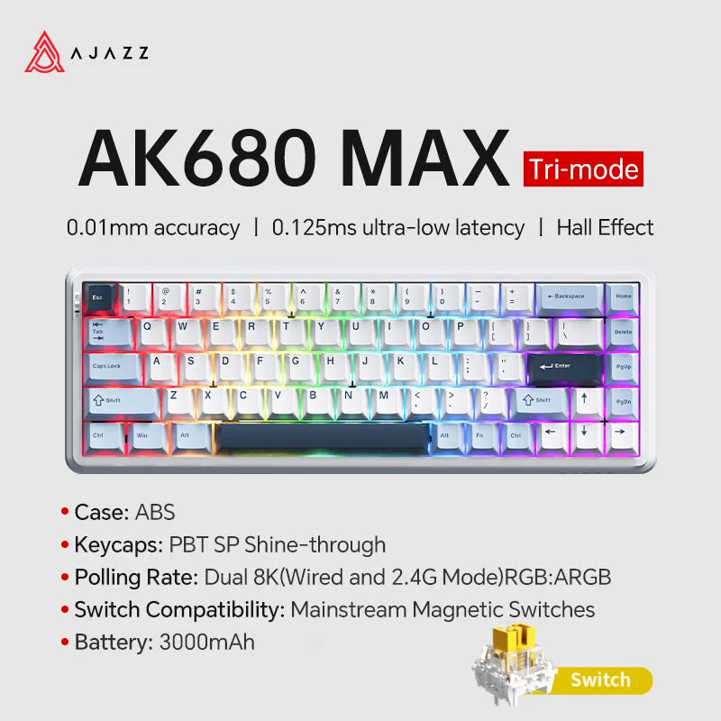 AJAZZ AK680 MAX Magnetic Switch Mechanical Keyboard 60% Rapid Trigger 0.01mm 8K/1K Return 68 keys Wired/Wireless Gaming Keybaord