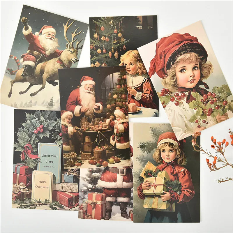 10Pcs Retro Christmas Cards Cartoon Postcards Message Greeting Card 4x6" Gift Wish Card Atmosphere Decorative Card With Stickers