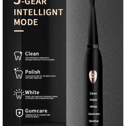 Jianpai Adult Black White Classic Acoustic Electric Toothbrush Adult 5-gear Mode USB Charging IPX7 Waterproof Acoustic Electric