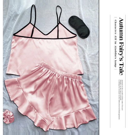 Women's Smooth Satin Pajamas V-Neck T-Shirt Ruffled Edges And Bow Shorts Simple And Breathable Pajama Set Sling Home Clothing