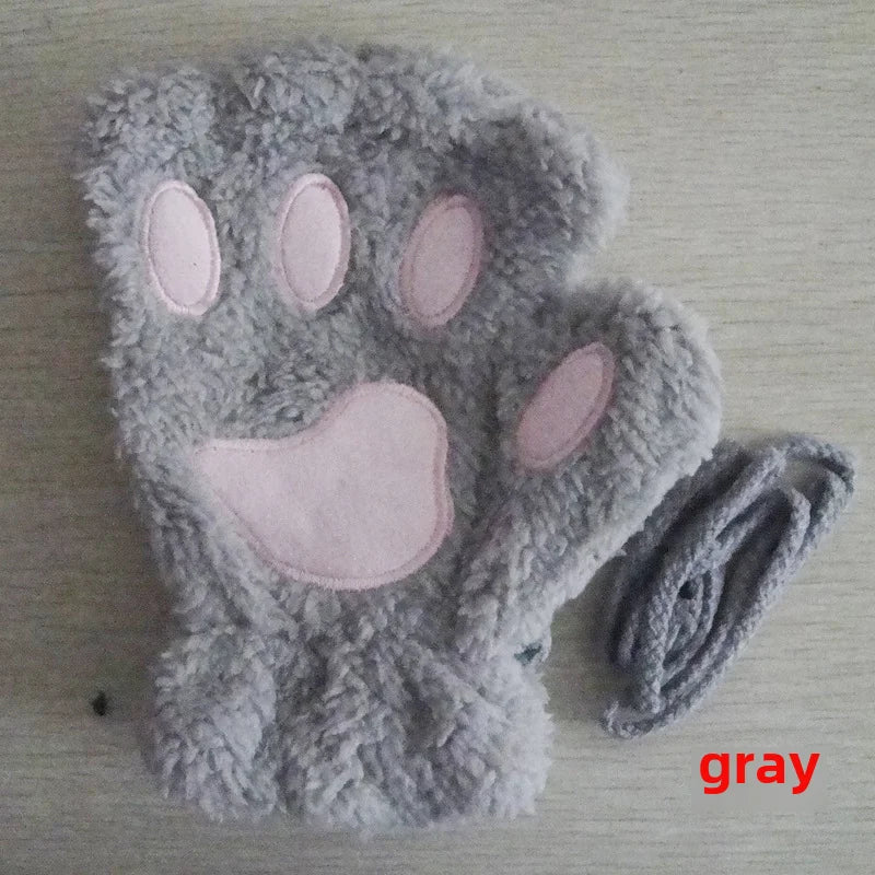 Cat Claw Gloves Winter Cute Cartoon Cat Girls Fingerless Gloves Thickened Velvet Bear Paw Half Finger Gloves