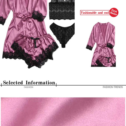 Women's Summer Sexy Pajama Pants Set 4 Pieces Lace Satin With Silk Sleepwear Robe Fashion And Comfortable Nightwear