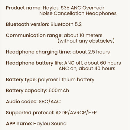 HAYLOU S35 ANC Wireless Headphones Over-ear 42dB ANC Headphone Bluetooth 5.2 40mm Dynamic Driver 60-hour Battery Life Earphones
