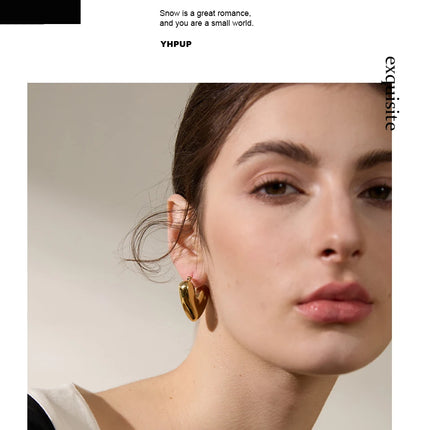 Yhpup Fat Fashion Stainless Steel Heart Chunky Hoop Earrings Charm Metal Texture Rust Proof Versatile Jewelry серьги тренд