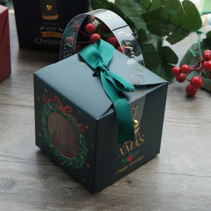 12pcs Christmas Paper Box with Window Handle Candy Box Soap Candle Cookie Candy Little Gift Packaging Party Favors Decor