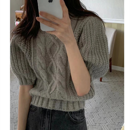 summer autumn Women's Knitted Pullover Fashion puff Sleeve solid Sweater crop Top Elegant loose Lapel Knitted Pullover gray Tops