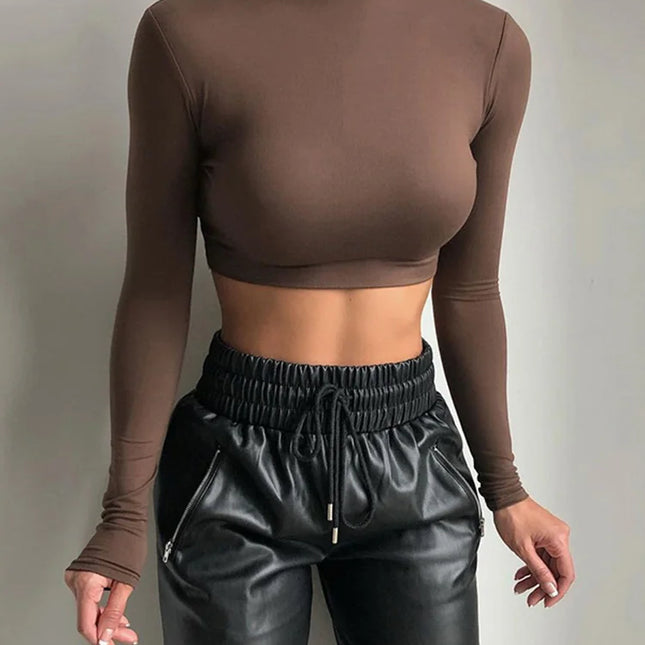 Basic Sheath Women Solid Turtleneck Tshirt Autumn Stretch Casual Undershirt Female All-match Street Activity Crop Tops