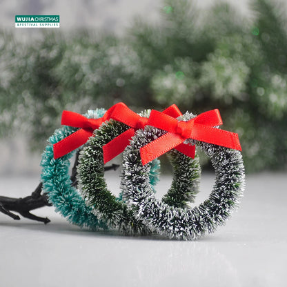 12pcs Christmas Wreath with Bow Xmas Tree Decor Mini Door Garland Hanging Ornaments DIY Dollhouse Pendant for Wedding Noel Party