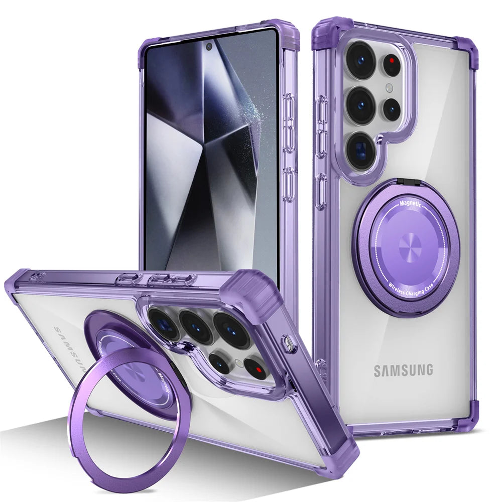 Rotating Magnetic Folding Stand Transparent Phone Case for Samsung S25 Edge S24 S23 Plus FE S21 Ultra Armor Shockproof Cover