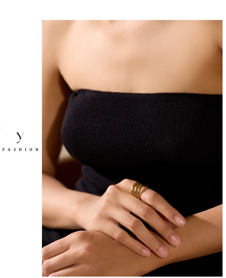 Yhpup Stainless Steel Geometric Hollow Layered Wide Ring Metal Texture Waterproof Daily Simple Stylish Golden Jewelry for Women