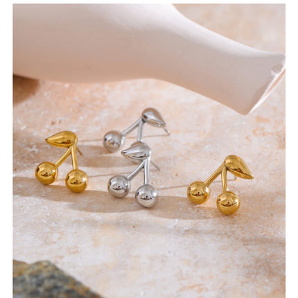 Yhpup 316L Stainless Steel Metal Chic Cherry Golden Stud Earrings Water Resistant Charm Fashion Jewelry 18K PVD Plated Wholesale