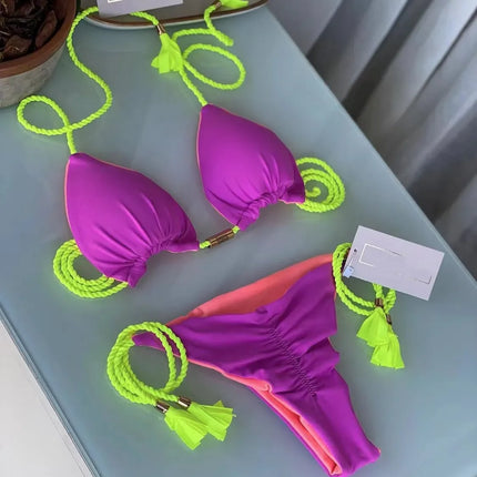 New Women Bikini Backless Rope Triangle Swimsuit Multicolor