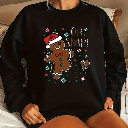 Cute Gingerbread Man Printed Christmas Casual Women's Hoodie Suitable For Autumn And Winter Long Sleeved Comfortable O-neck Top