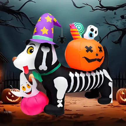 1.5M/5FT Halloween Decorations Inflatable Toy Skeleton Dog with Pumpkin LED Light Up Blow Up Lawn Inflatable Model Outside Decor