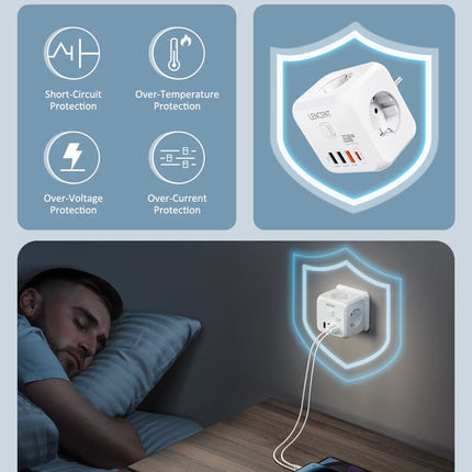 LENCENT Wall Socket Extender with 3 AC Outlets 3 USB Ports And1 Type C 7-in-1 EU Plug Charger On/Off Switch for Home