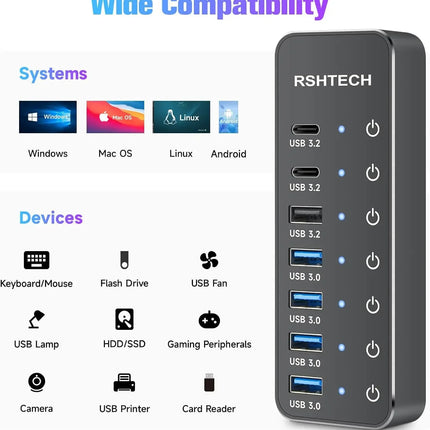 RSHTECH 7-Port Powered USB C Hub with 10Gbps USB-C 3.2 Ports Individual Touch Switches 5V/3A Power Adapter Laptop USB Splitter
