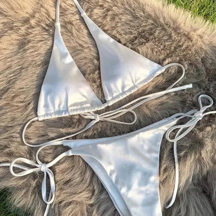 Halter Brazilian Metallic Satin Bikini Women Swimwear Female Swimsuit Two-pieces Bikini Set High Cut Bathing Suit Swim Beachwear