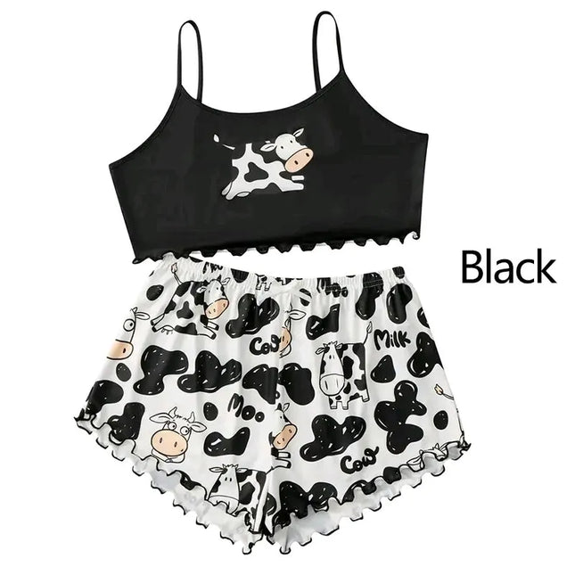 Women Pajamas Sleepwear Pajama Set Sports Camisole And Shorts S M L Black Cow Cartoon Print Ventilate Soft Casual