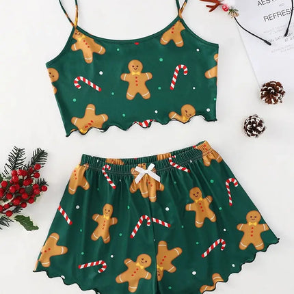Women's 2pcs Cute Soft Comfy Christmas Set Cartoon  Print Strap Top Santa Claus Shorts Home Suit Sexy Pajamas