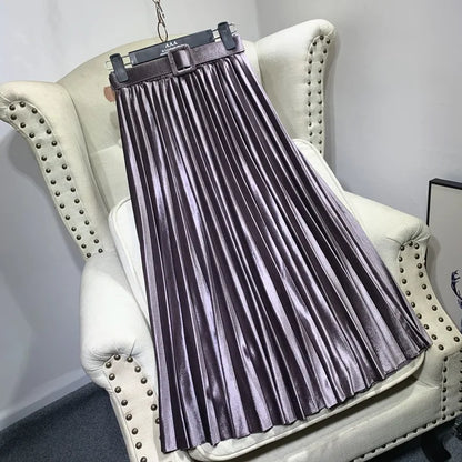 Seoulish Autumn Winter Women's Velvet Pleated Skirts with Belted New 2023 High Waist Solid Korean Style Chic Long Skirts Female