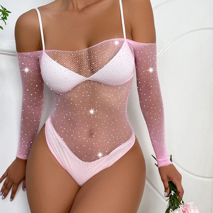 New See-through Women's Underwear Fishnet Bodysuit Sparkle Rhinestone Sexy Mesh Tight Teddys Lingerie Bodysuit Erotic Costumes